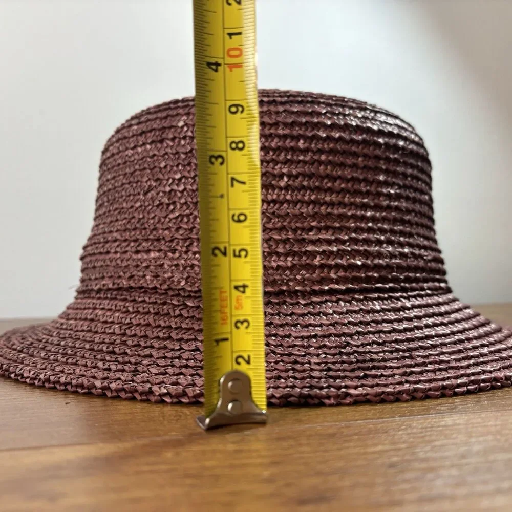 Eric Javits Woven Straw Cloche Bucket Hat Burgundy w Metallic Feather Brooch USA - Picture 9 of 10